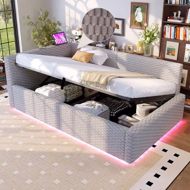 Letto contenitore singolo 90×200 cm con LED, 2 porte USB e presa USB-C, senza materasso, in velluto grigio