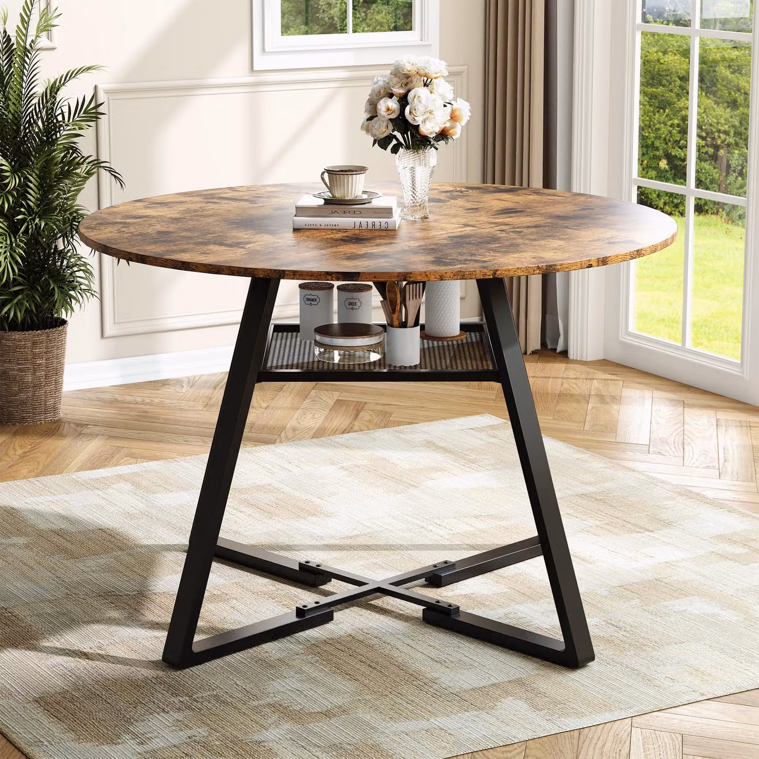 Tavolo da pranzo ProximaX, rotondo, tavolo da cucina in stile industriale con gambe in acciaio, 4-6 persone, base a ragno, legno e nero, 120 cm