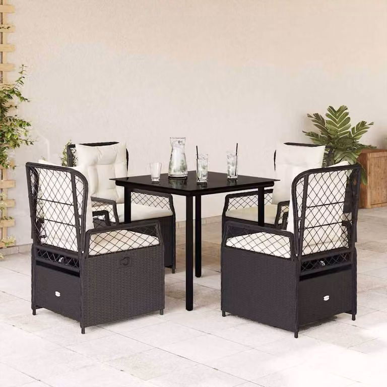 Set da Pranzo da Giardino vidaXL 5 pz in Polyrattan Nero con Cuscini e Tavolo in Vetro