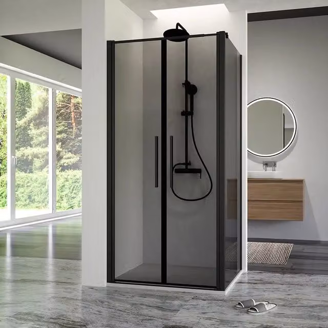 Box doccia 90x70cm con apertura saloon e parete fissa, profili nero opaco e vetro da 6mm fumè h195 | Elba