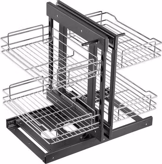 Organizzatore scorrevole per armadietti da cucina, ideale per angoli ciechi, con 4 ripiani e cesto estraibile grigio