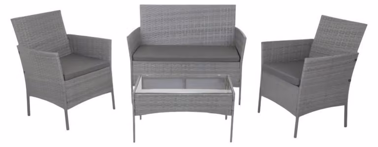 Gardlov 26907: Arredamento da giardino - divano, 2 poltrone, tavolino con piano in vetro, rattan grigio