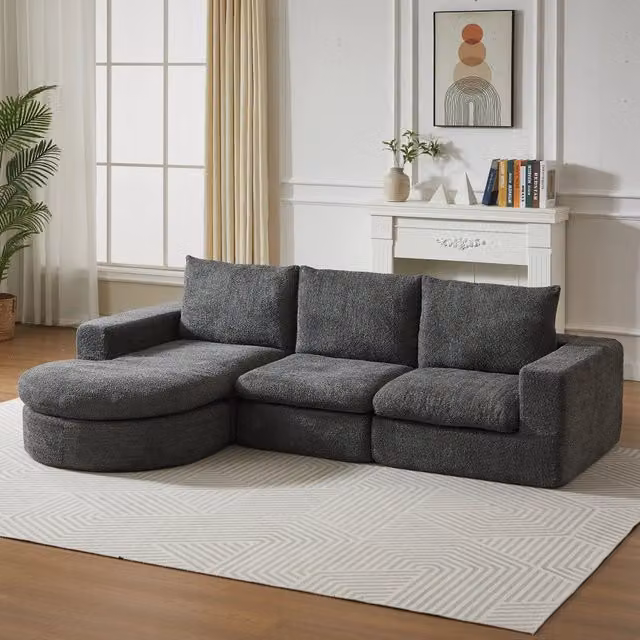 Divano modulare L ciniglia senza assemblaggio - elementi curvi + chaise longue - schiuma compressa senza telaio