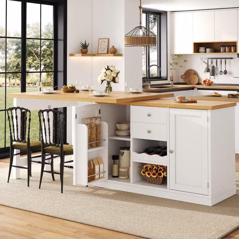 Flieks - Tavolo da pranzo allungabile con portabottiglie, ripiani per snack, ante magnetiche, girevole a 360°, tavolo da cucina, isola da cucina 120-197 x 40 x 72 cm, bianco