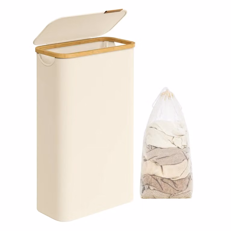 Cesto Portabiancheria con Coperchio, Bianco Crema / 65L (1 Scomparti)