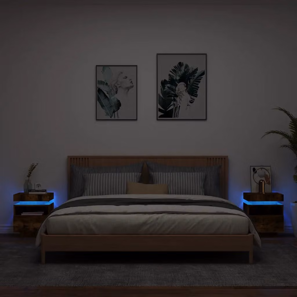 Set di 2 comodini vidaXL con luci LED integrate in rovere fumo, L 40 cm, P 39 cm, H 48,5 cm