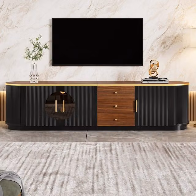 Mobile TV con 3 cassetti e 3 ante in vetro marrone; maniglie in alluminio; MDF nero 180 × 40 × 46 cm