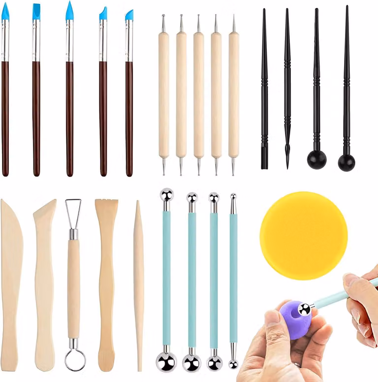 Set di strumenti per modellazione, composto da 24 pezzi, realizzati in legno, acciaio inossidabile, gomma e plastica, adatti per la lavorazione dell'argilla e della Vetroceramica