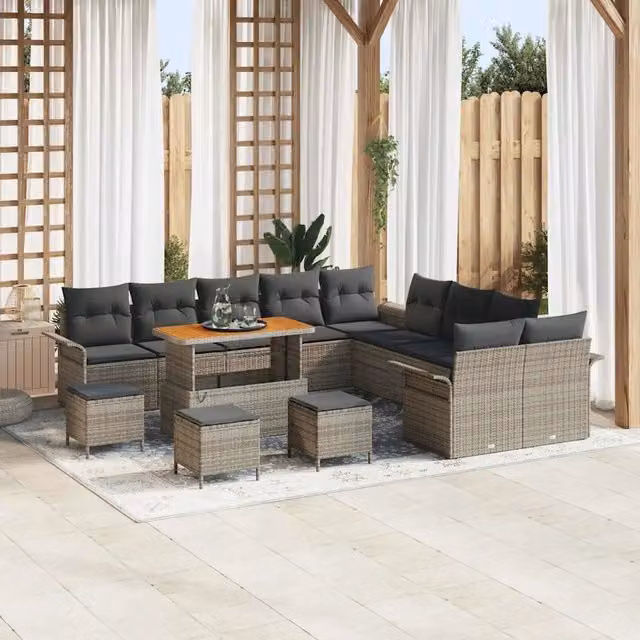 Set Divano da Giardino vidaXL a Forma di U con 14 Pezzi, Grigio, con Cuscini e Tavolino da Caffè – 1