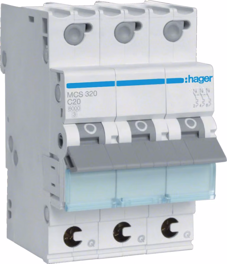 Interruttore LS Hager a 3 poli 6 kA caratteristica C 20 A 3 moduli Hager MCS320, 1 pz.