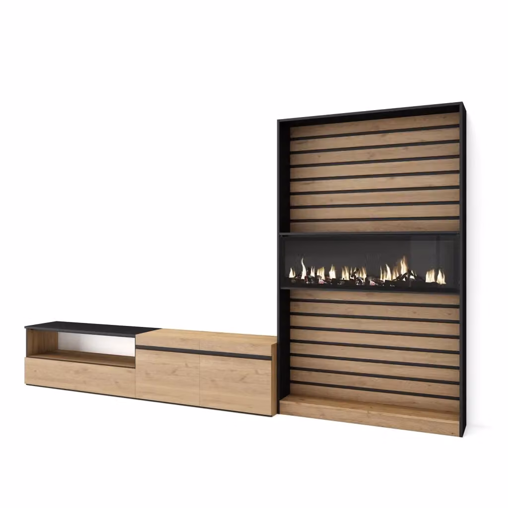 Mobile TV per soggiorno Skraut Home con camino elettrico, per TV fino a 80 pollici, colore Rovere e nero, L: 310 cm, P: 35 cm, H: 186 cm – 2