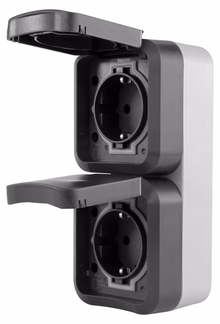 Prese multiple per ambienti umidi, 2 prese, grado di protezione IP55, da installare verticalmente