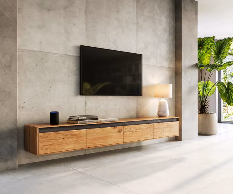 DELIFE Design - Mobile basso Stonegrace, 240 cm, legno di acacia naturale, effetto ardesia, 4 ante, sospeso