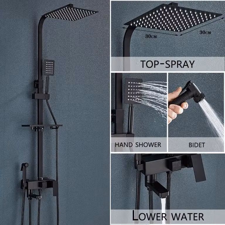 Sistema doccia per vasca da bagno - Miscelatore da parete con erogatore - Deviazione a 4 vie - Doccia a pioggia da 30 cm + soffione manuale + rubinetto di riempimento per vasca - Nero/Cromo