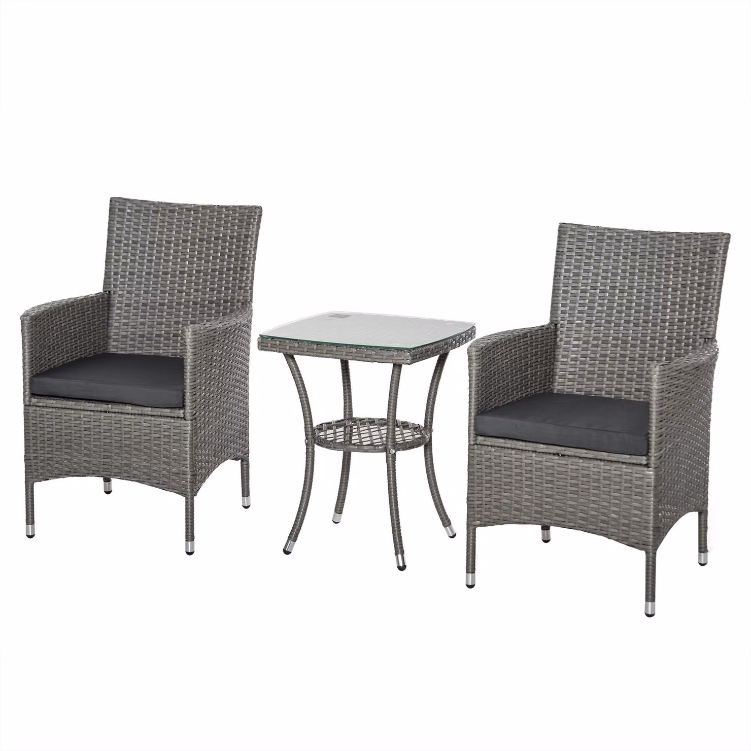 Set di mobili da giardino in polyrattan, set da balcone per 2 persone, set da salotto da esterno composto da 3 pezzi (2 sedie e un tavolo), cuscini per sedute, salottino da giardino