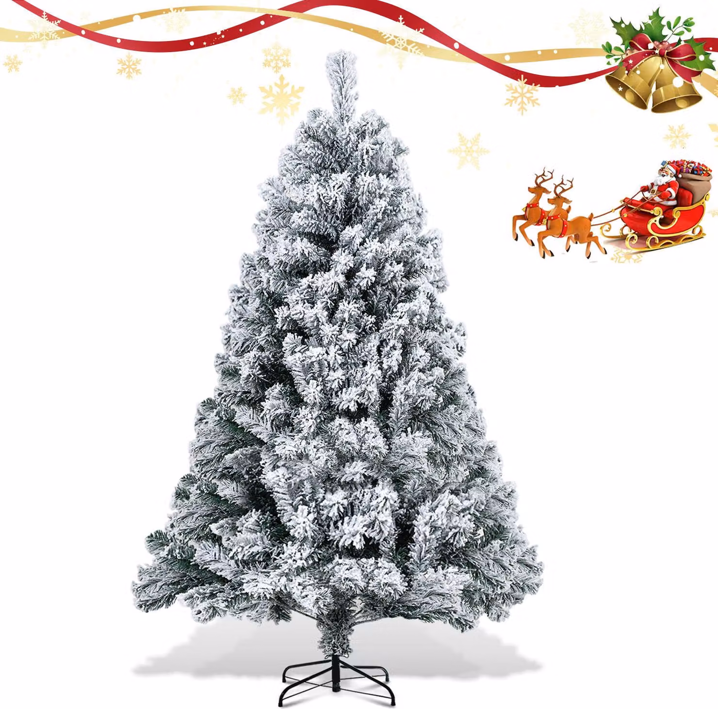 Albero di Natale artificiale Izrielar 180 cm con neve, inclusa base in metallo con 860 aghi in PVC, albero di Natale in PVC, bianco