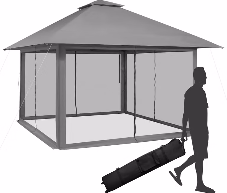 Gazebo COSTWAY 4x4m, gazebo da giardino con pareti laterali in rete, protezione UV 50+, gazebo pieghevole pop-up, regolabile in altezza, inclusa borsa da trasporto con ruote, per giardino, patio, cortile (grigio)