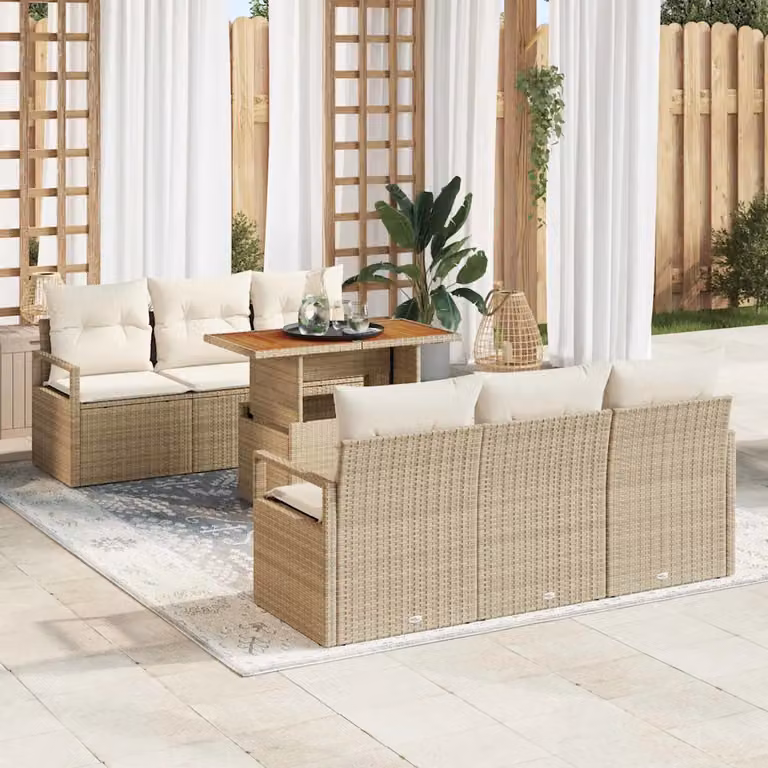 Set Divano da Giardino vidaXL 7 Pezzi con Tavolino e Cuscini Beige in Acciaio Verniciato a Polvere e Legno di Acacia