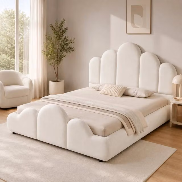 Letto imbottito 140x200 cm beige in velluto, rete a doghe inclusa, senza materasso