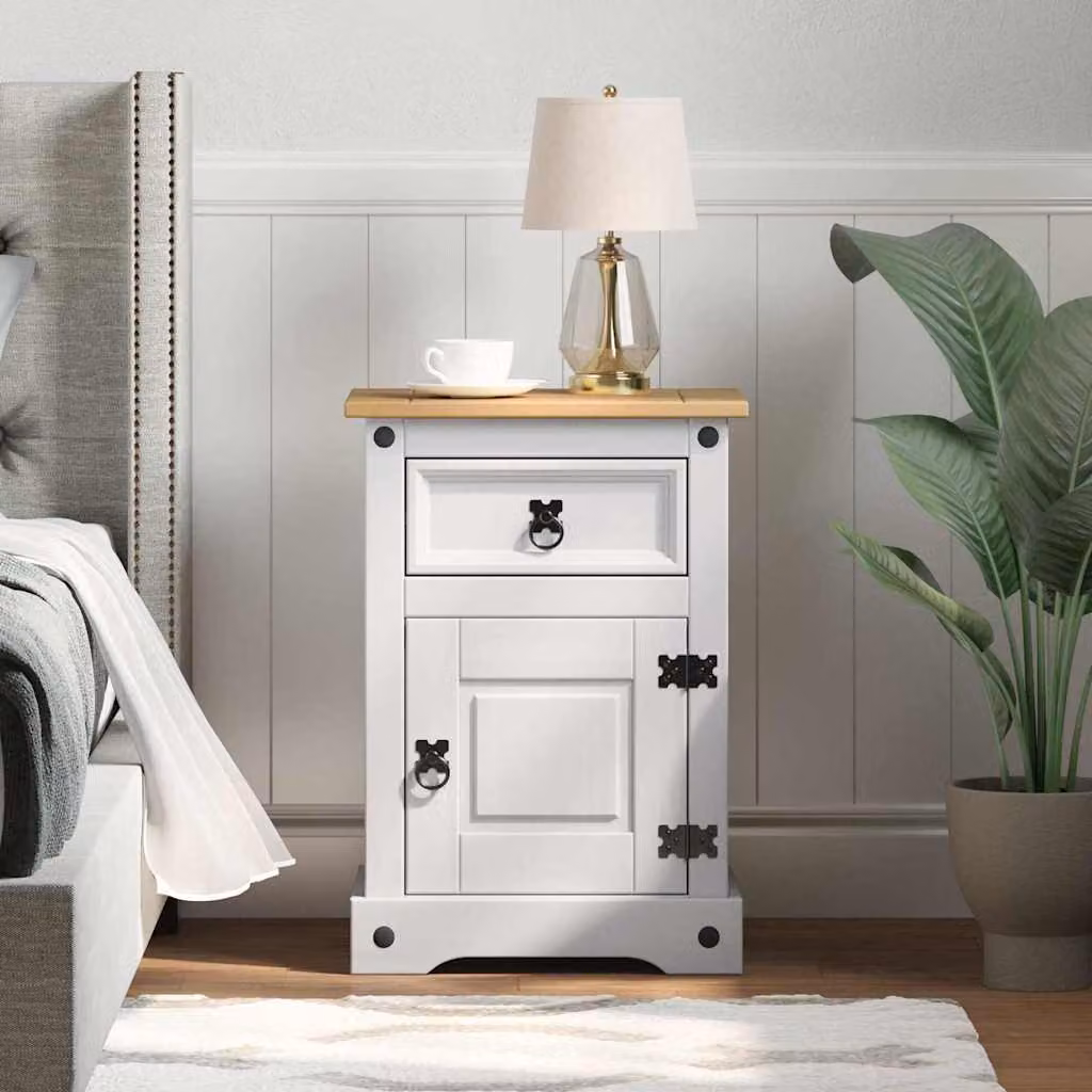 Comodino Corona vidaXL in pino massello bianco L: 45 cm, P: 35 cm, H: 64 cm