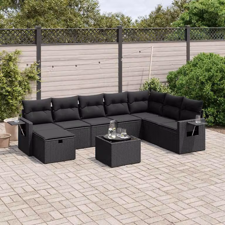 vidaXL Set Divani da Giardino 9 pz a Forma a L con Cuscini Neri in Polyrattan e Struttura in Acciaio Verniciato a Polvere