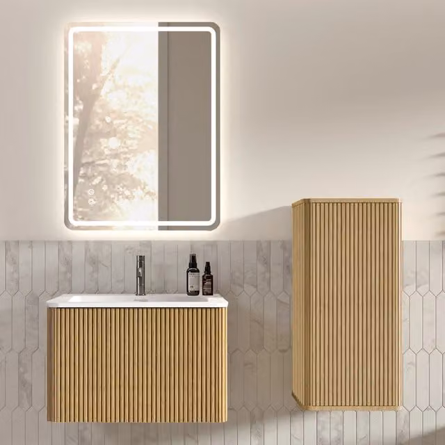 Set mobili bagno con specchio LED, lavabo sospeso e mobile laterale in MDF rovere