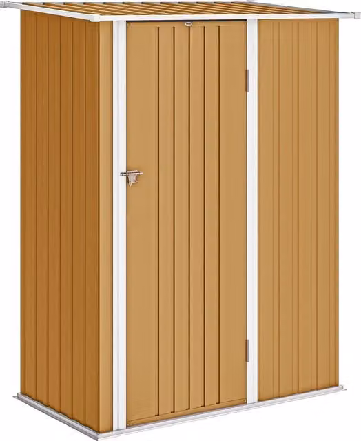 Casetta da Giardino Outsunny in Metallo con Tetto Inclinato e Porta Bloccabile, Giallo, L 142 cm x P 86 cm x H 189 cm – 1