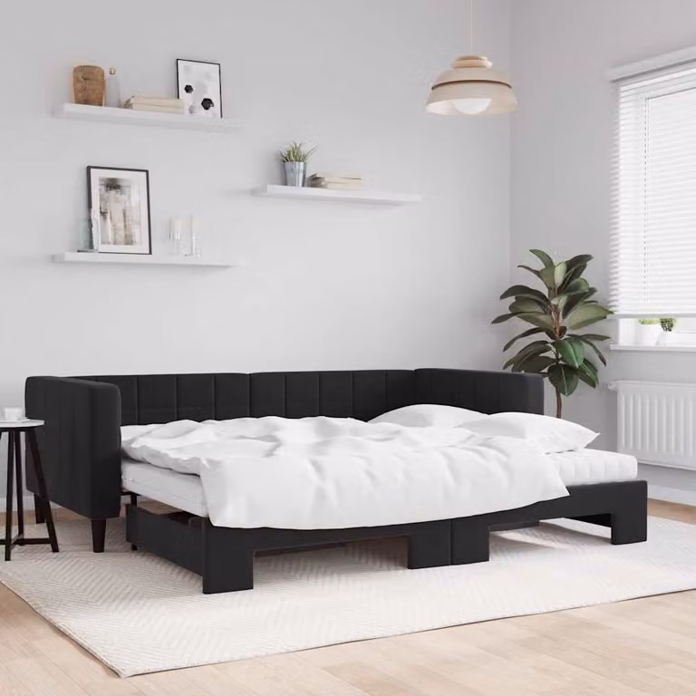 vidaXL Divano Letto Estraibile in Velluto Nero con Materasso L/P: 90 x 200 cm