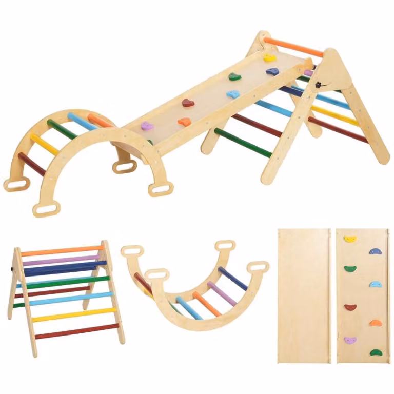 Struttura da gioco per bambini Moonbite 5-in-1, realizzata in legno di pino, con triangolo Pikler, ponte ad arco, scivolo con appigli e struttura pieghevole, adatta a bambini fino a 50 kg, in legno, colorata