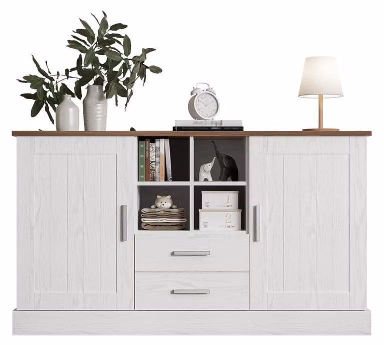 Mobile contenitore con 2 cassetti e 4 ripiani a giorno, dimensioni 140 x 40 x 79,5 cm, colore bianco