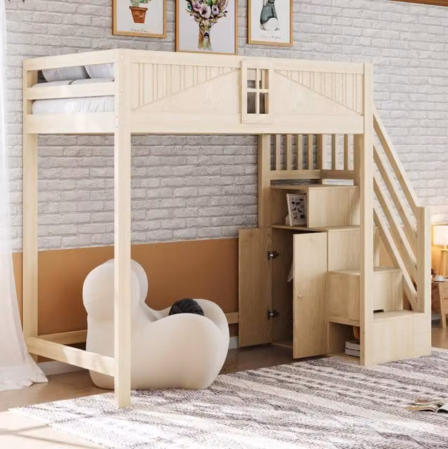 Letto a soppalco 90x200 cm in legno massello con scala reversibile e vano laterale