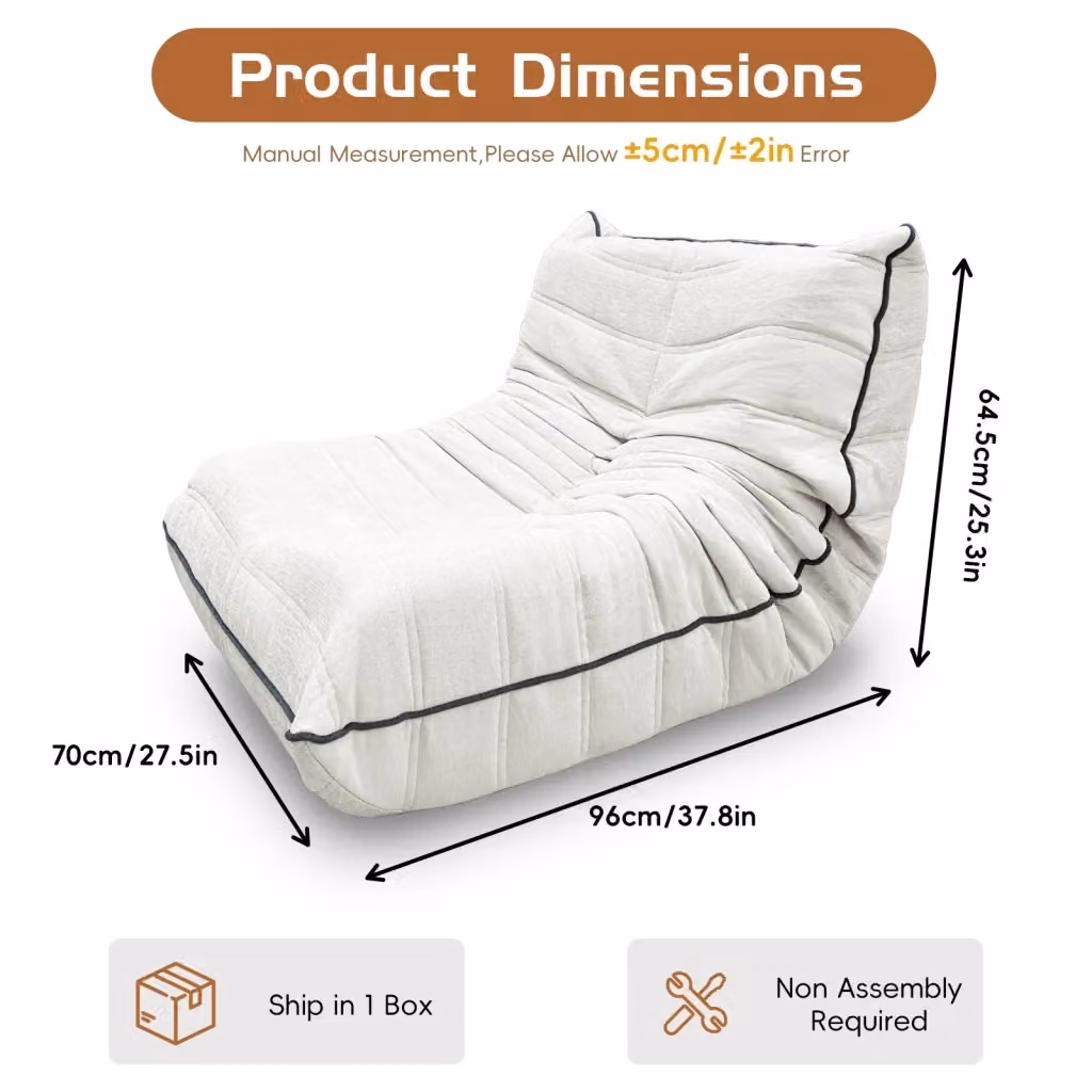 Poltrona Bean Bag a Forma di Bruco WISHDOR in Flanella Bianca per Soggiorno e Camera da Letto – 2