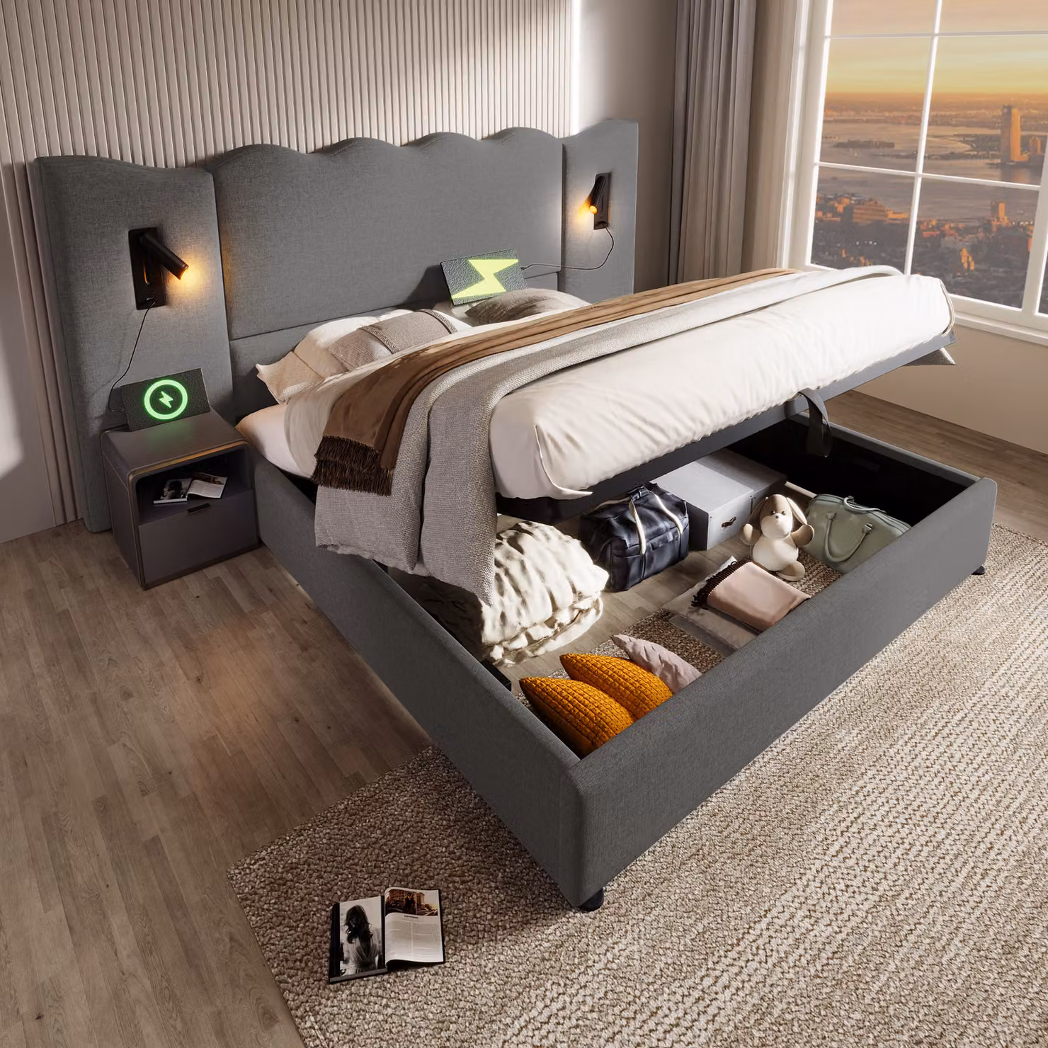 MODFU Letto imbottito, letto matrimoniale con contenitore idraulico 160×200, con comodino, lampada da lettura e funzione di ricarica USB Type-C, struttura in legno massello e metallo, grigio, lino (materasso escluso)