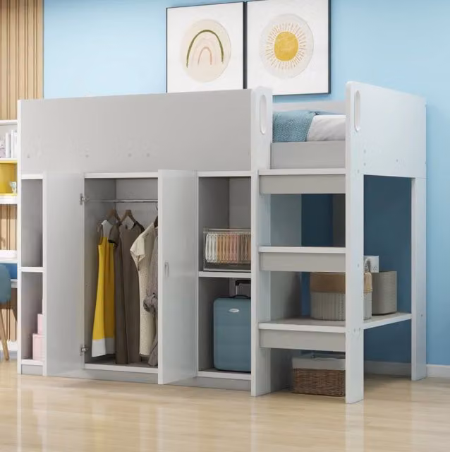 Letto a soppalco 90 x 200 cm con armadio; ripiani e scala; grigio