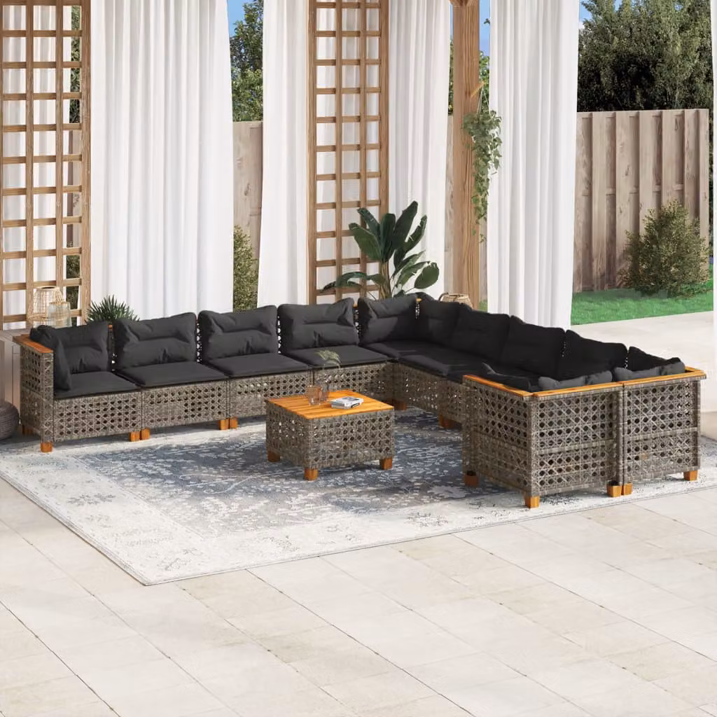 vidaXL Set Divani da Giardino 11 pz in Polyrattan Grigio con Cuscini e Tavolino da Esterno – 1