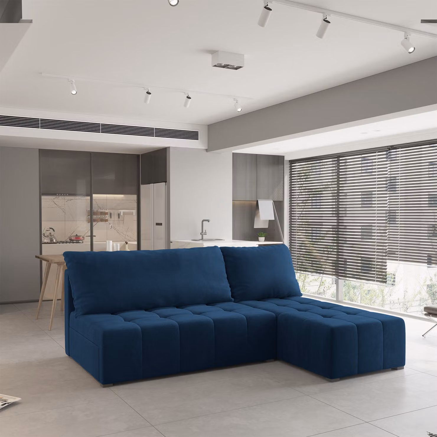 Divano angolare DOMIRA di Masseno con funzione letto a L, divano con box letto, divano da soggiorno, divano, divano letto, set di divani - blu, KRONOS 09