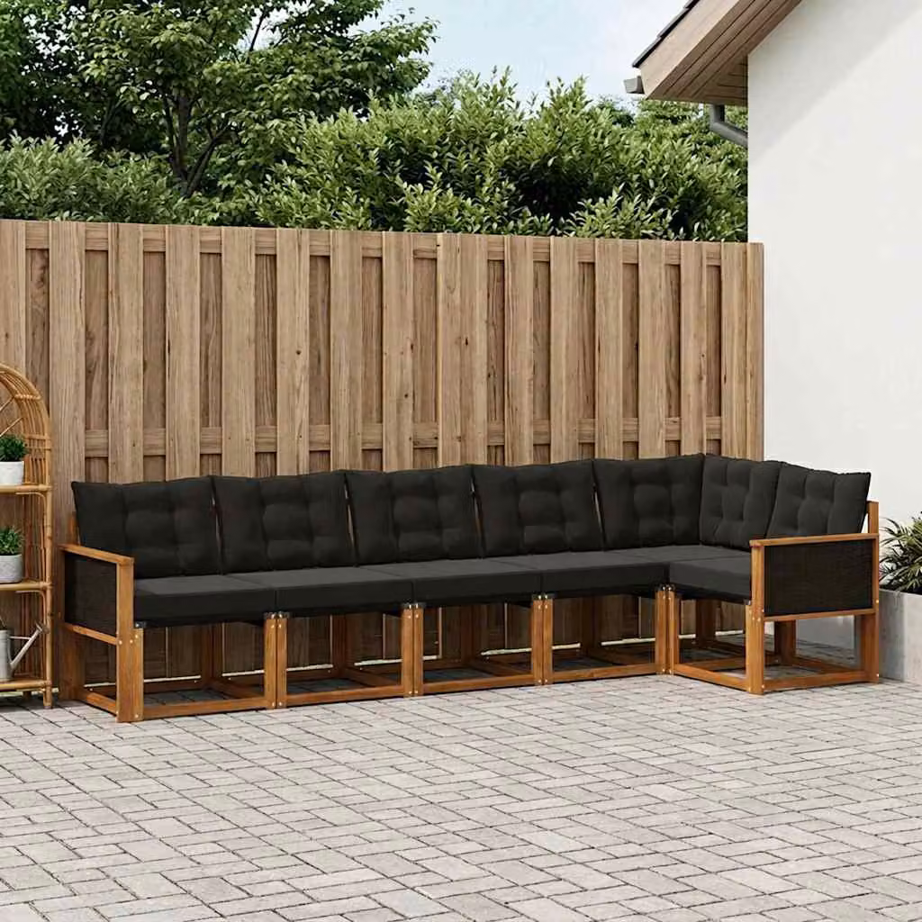 vidaXL Set di divani da esterno 6 pz in legno di acacia con cuscini, Marrone e Nero