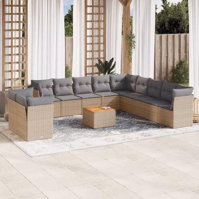 vidaXL Set Divano da Giardino a L 12 pz in Polyrattan con Cuscini Beige e Grigio e Tavolino da Esterno