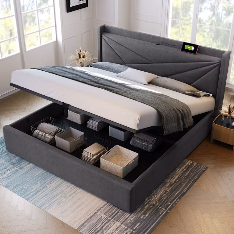 Letto imbottito Sweiko (letto funzionale letto idraulico con rete a doghe), letto contenitore 180x200cm con funzione di ricarica USB tipo C testata, biancheria