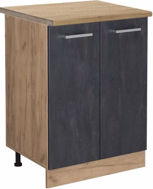 Mobiletto base cucina R-Line Vicco con ante a battente, colore Calce nera e Rovere dorato, L: 60 cm, H: 81,6 cm, P: 27,9 cm