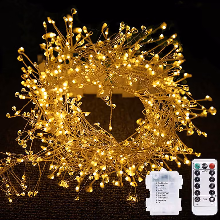Catena luminosa a LED, 300 luci, 9 metri, luce bianco caldo, alimentazione a batteria, con telecomando