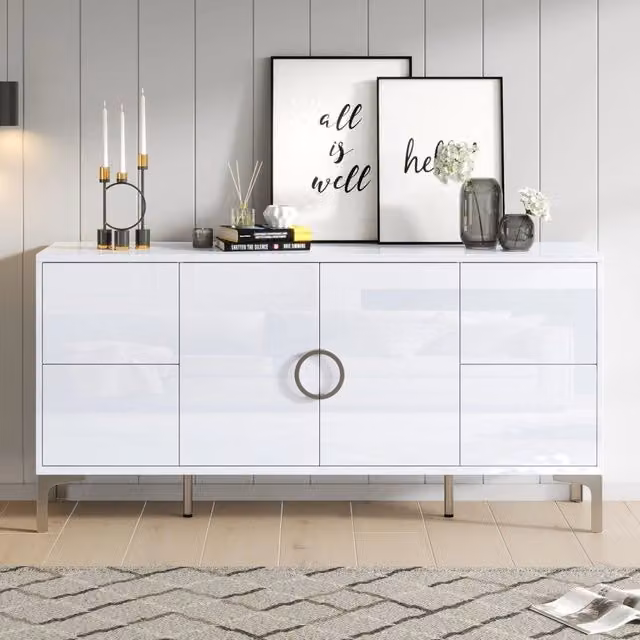 Credenza Mivray moderna in MDF bianco lucido con 4 cassetti senza maniglie, 2 ante e piedi in metallo L/P/H: 150 x 38 x 59.5 cm