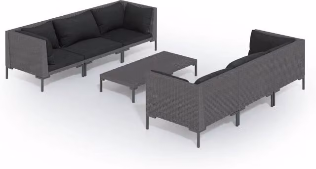 Set da giardino Outsunny a 7 pezzi con divano a L, tavolino e pouf in polyrattan grigio scuro e nero con cuscini imbottiti e coperture rimovibili