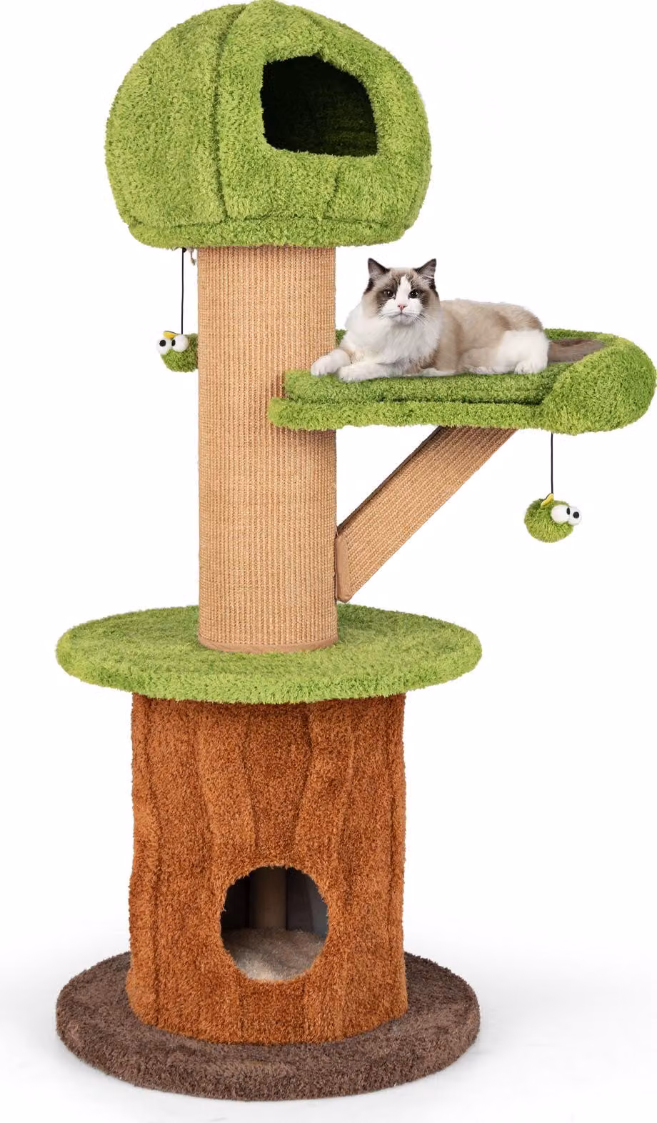 GOPLUS, tiragraffi per gatti da 148 cm, a forma di fungo, con 2 rifugi per gatti, una piattaforma, pali in sisal per graffiare e un cuscino rimovibile, color marrone e verde