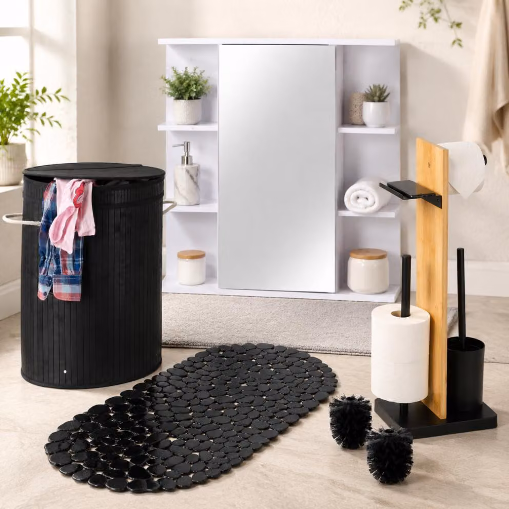 Set da bagno per la famiglia (4 pezzi) – Cesto portabiancheria in bambù, tappetino da bagno, armadietto a specchio e portacartucce per WC