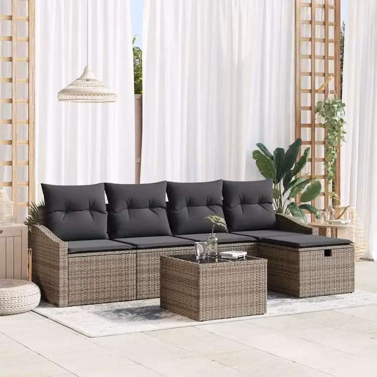 Set di divani da giardino vidaXL in polyrattan grigio con cuscini e tavolino da esterno a forma di L