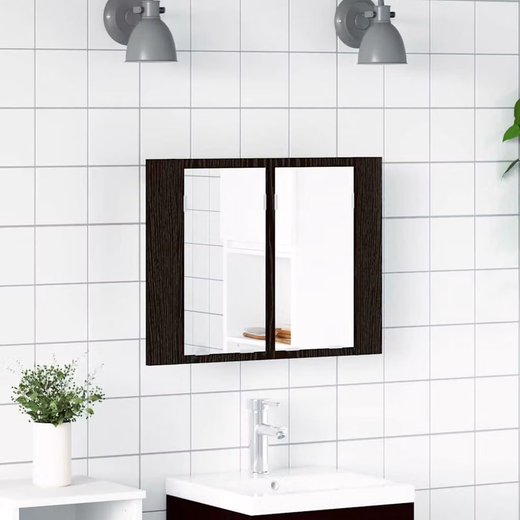 Mobiletto per specchio da bagno vidaXL con illuminazione LED e ante in vetro, Nero, L: 60 cm, P: 12 cm, H: 45 cm