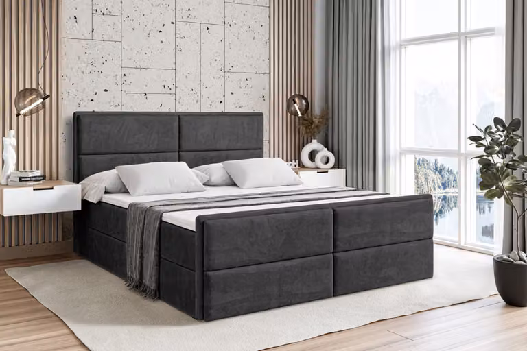 Letto boxspring ALTDECOR con pediera, materasso H4 e topper - 180x200 cm - AURA-Z - Velluto nero - Letto imbottito con contenitore e rete a doghe, letto con spazio contenitivo