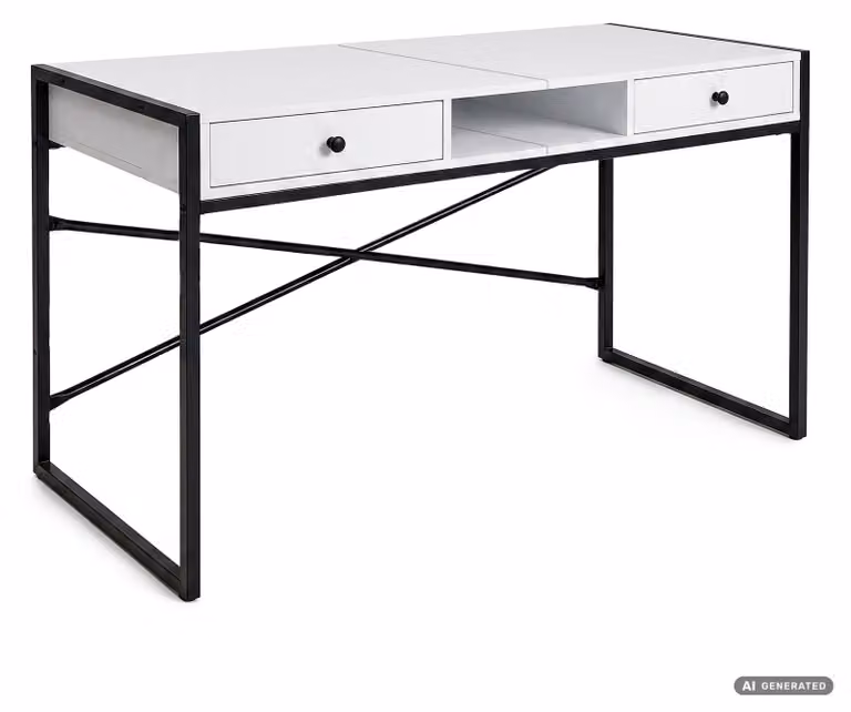 Scrivania industriale per computer Bianca ELONIS 123 cm 2 cassetti 1 ripiano gambe nere