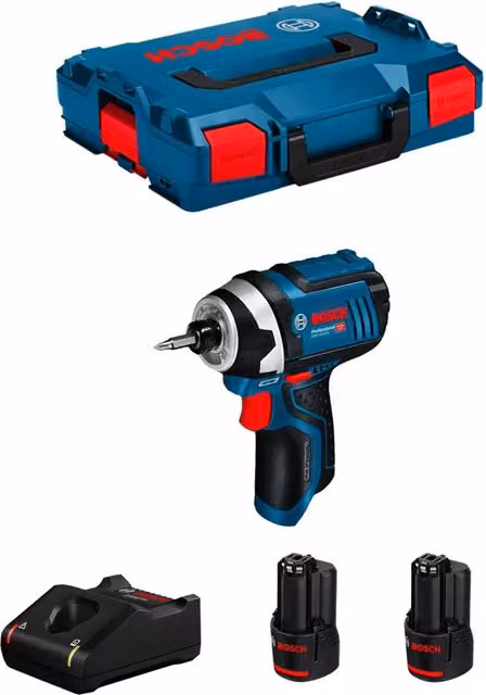 Avvitatore a massa battente Bosch GDR 12V-105 blu con 2 batterie da 2,0 Ah, caricabatterie GAL12V-40 e L-Boxx 102